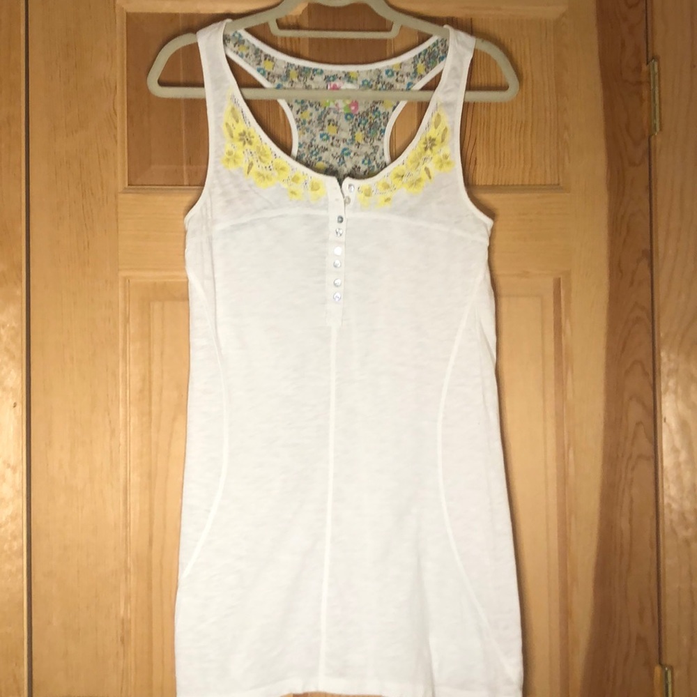 Free People White Tank Top Yellow Embroidery